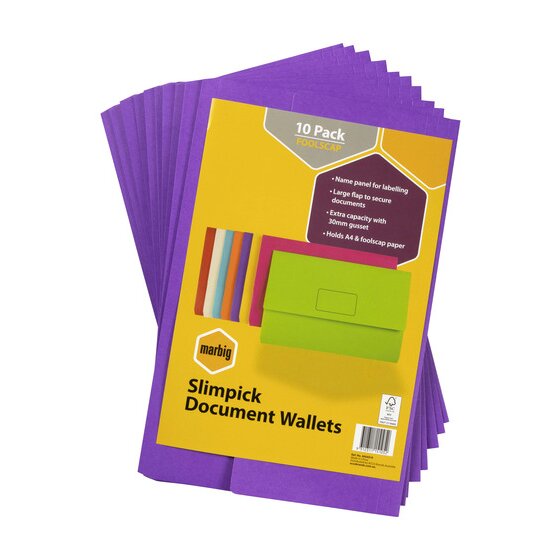 Marbig Slimpick Foolscap Document Wallet Brights Purple PACK10