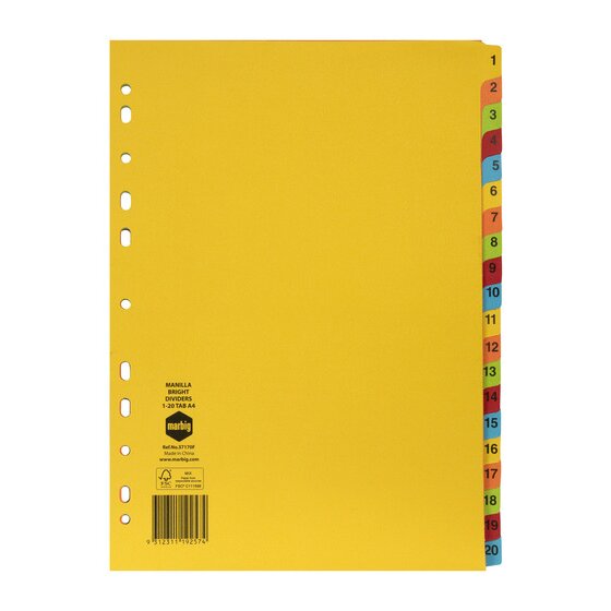Marbig Indices & Dividers 1-20 Tab Manilla A4 Brights
