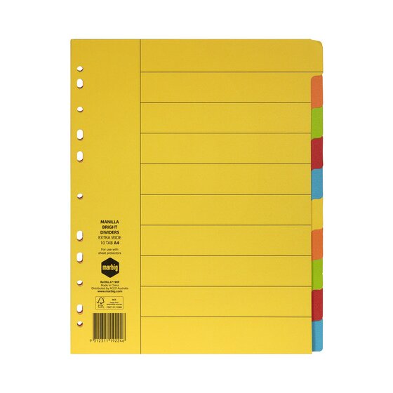 Marbig Indices & Dividers 10 Tab Manilla A4 Extra Wide