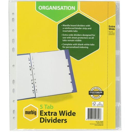 Marbig Indices & Dividers 5 Insert Tab Extra Wide A4 White
