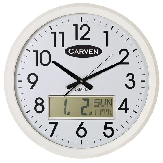 Carven Clock 470MM White Frame with Lcd Calendar