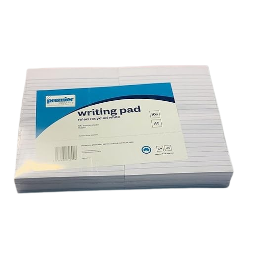 Premier Ruled Recycled Writing Pad A5 50 GSM 100 sheets per pad comes in pack of 10 pads ( Buy in Multiples of 4 x 10pack )