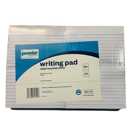 Premier Ruled Recycled Writing Pad A5 50 GSM 100 sheets per pad comes in pack of 10 pads ( Buy in Multiples of 4 x 10pack )