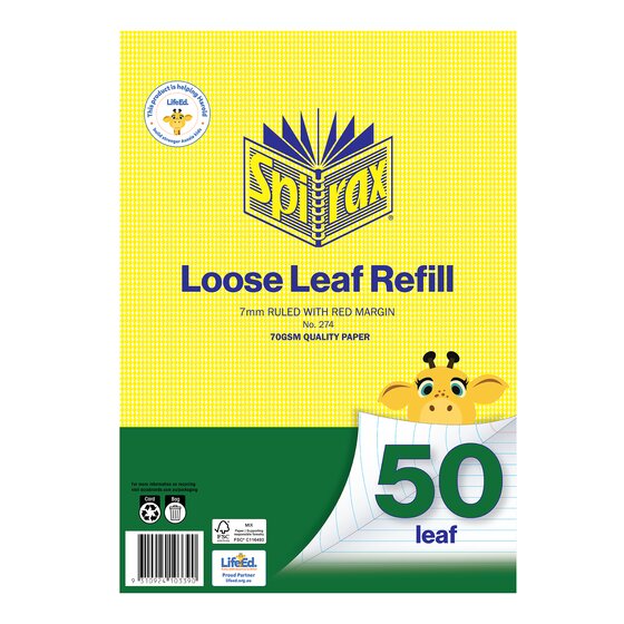 Spirax Loose Leaf Refills A4 50 Leaf 7MM
