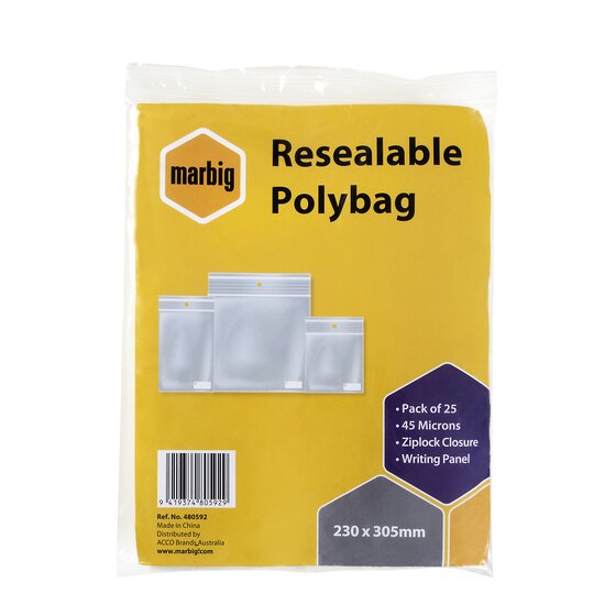 Marbig Resealable Polybags 230MMX305MM Writing Panel PK25