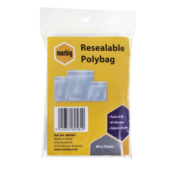 Marbig Resealable Polybags 65MMX75MM PK50