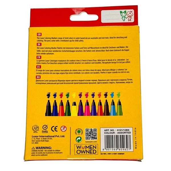 Luxor Colouring Markers – 12 Colours Washable Marker Set