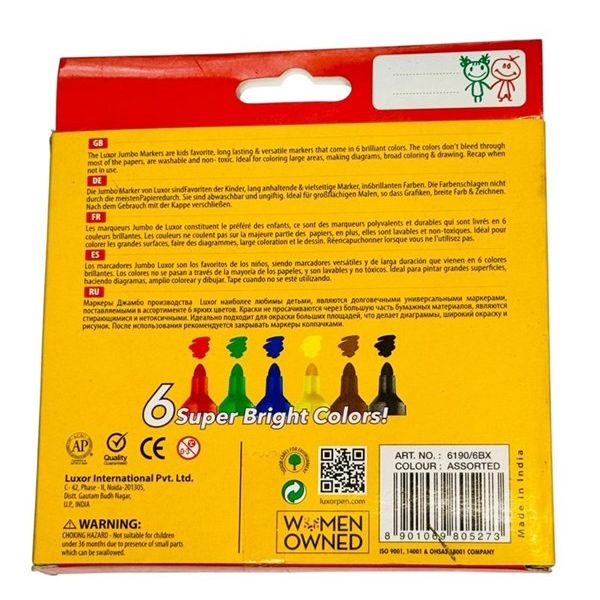 Luxor Jumbo Marker Pack of 6 – Washable Bright Colors