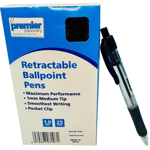 Premier Retractable Ballpoint Pen – Black Ink – 1.0 mm Tip – Pack of 25 Pens