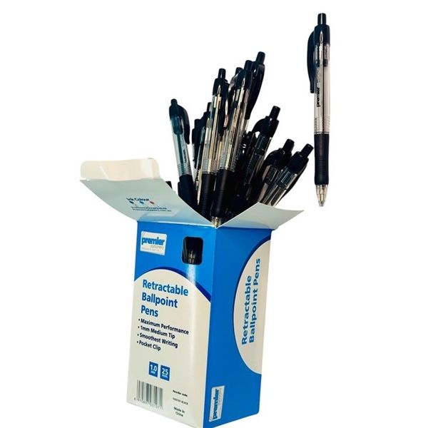 Premier Retractable Ballpoint Pen – Black Ink – 1.0 mm Tip – Pack of 25 Pens