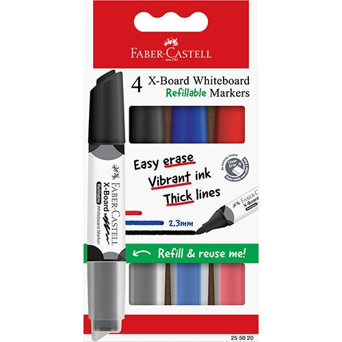 Marqueurs pour tableau blanc Faber-Castell avec embouts effaceurs magnétiques, lot de 4