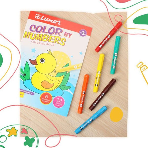 Luxor Funbook colour by numbers coloring book 12 pages and 6 broad line colouring Markers Set