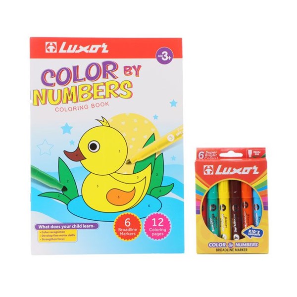 Luxor Funbook colour by numbers coloring book 12 pages and 6 broad line colouring Markers Set