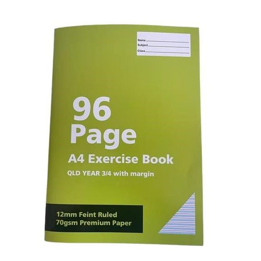 Premium A4 Exercise Book – 96 Pages, QLD Year 3/ 4 Ruled with Margin – 70gsm Paper (Pack of 12)