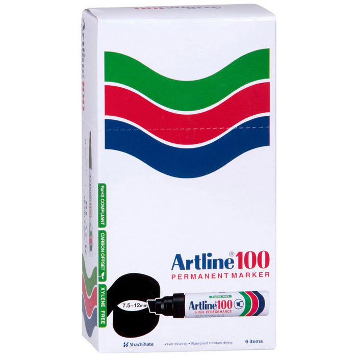 Artline 100 Chisel Tip Permanent Marker Assorted 6 Pack