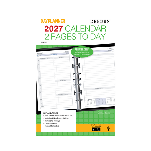 2027 Calendar Year Diary/Planner - 12 Month Desk 2 Days to a Page - Refill - Collins Day Planners