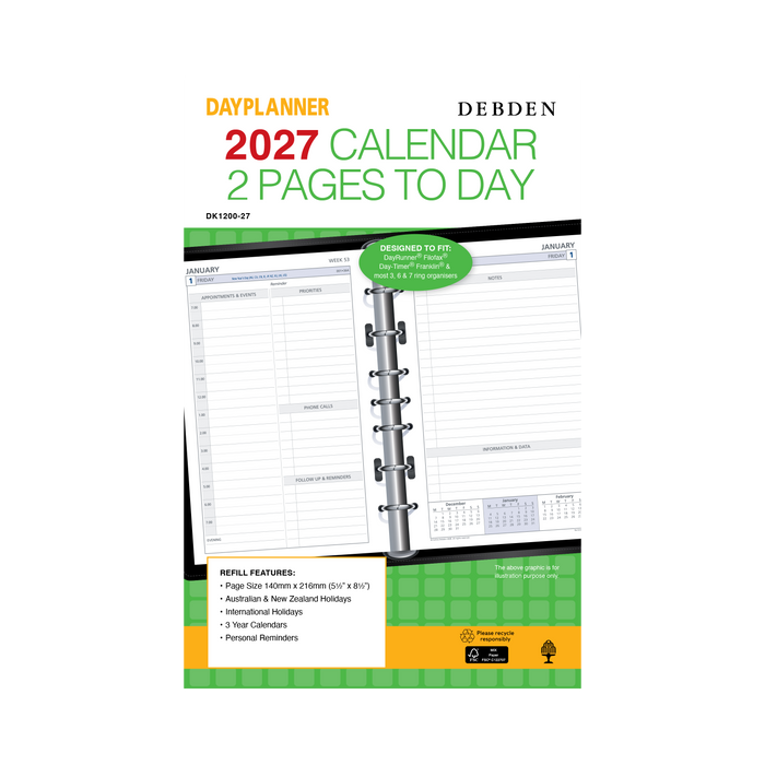 2027 Calendar Year Diary/Planner - 12 Month Desk 2 Days to a Page - Refill - Collins Day Planners