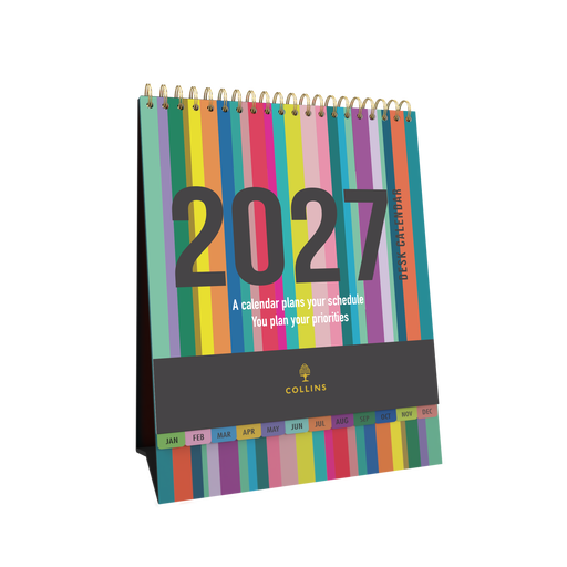 2027 Desk Calendar - 12 Month (h220 x w175mm) Month to View - Wiro Bound in Edge Rainbow - Collins