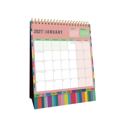 2027 Desk Calendar - 12 Month (h220 x w175mm) Month to View - Wiro Bound in Edge Rainbow - Collins