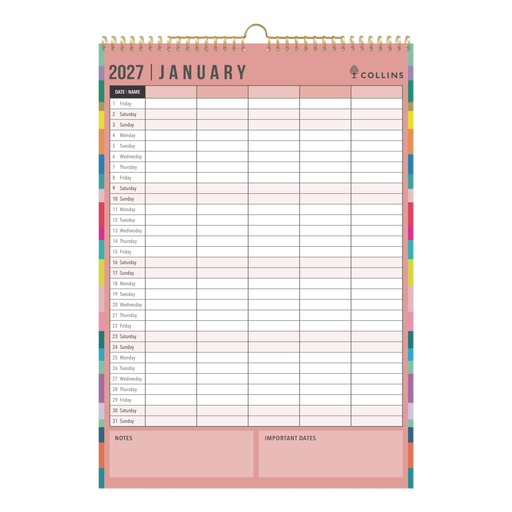 2027 Wall Calendar - 12 Month A3 Month to View - Wiro Hanger in Edge Rainbow - Collins Desktop