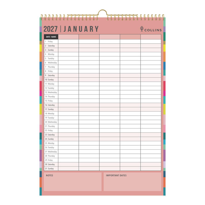 2027 Wall Calendar - 12 Month A3 Month to View - Wiro Hanger in Edge Rainbow - Collins Desktop