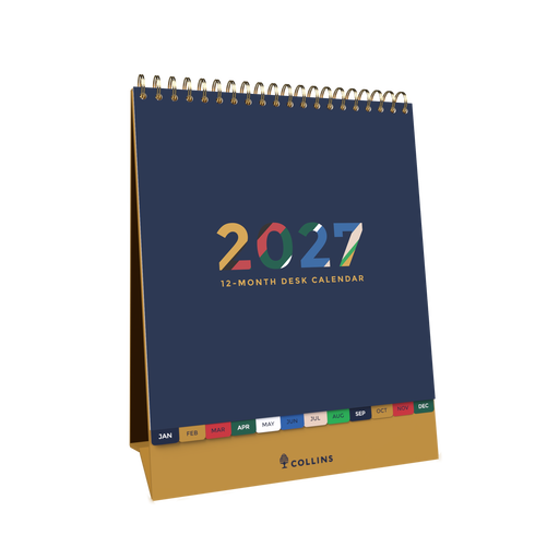 2027 Desk Calendar - 12 Month (h220 x w175mm) Month to View - Wiro Bound in Edge Mira - Collins