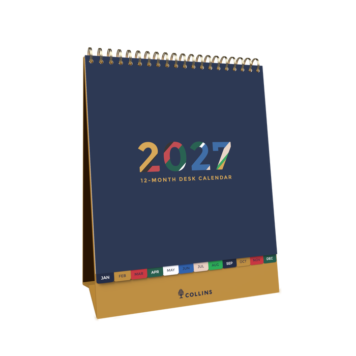 2027 Desk Calendar - 12 Month (h220 x w175mm) Month to View - Wiro Bound in Edge Mira - Collins
