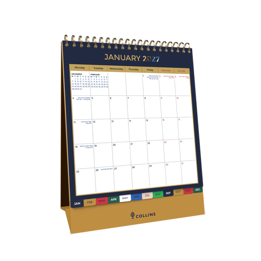 2027 Desk Calendar - 12 Month (h220 x w175mm) Month to View - Wiro Bound in Edge Mira - Collins
