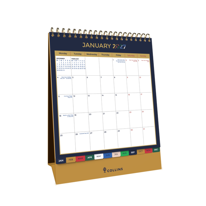 2027 Desk Calendar - 12 Month (h220 x w175mm) Month to View - Wiro Bound in Edge Mira - Collins