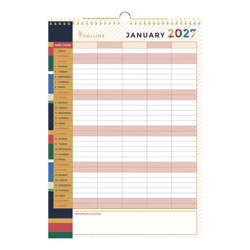 2027 Wall Calendar - 12 Month A3 Month to View - Wiro Hanger in Edge Mira - Collins Desktop