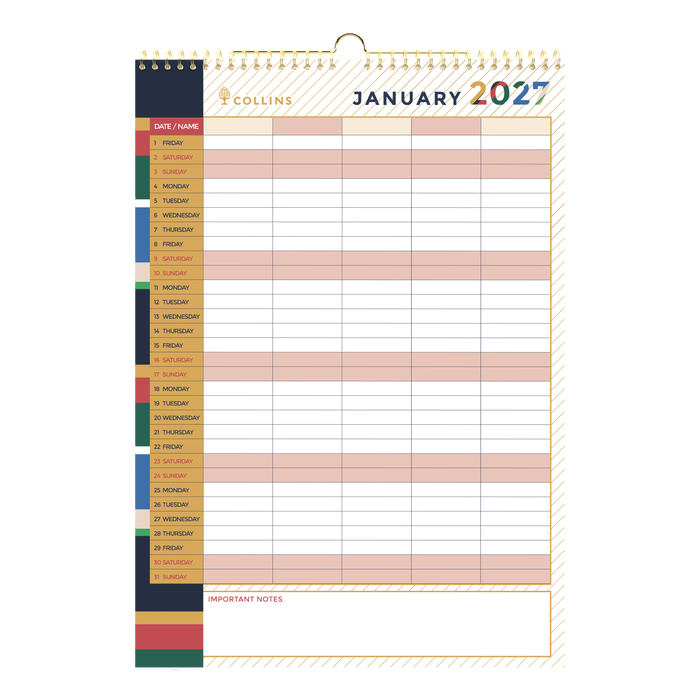 2027 Wall Calendar - 12 Month A3 Month to View - Wiro Hanger in Edge Mira - Collins Desktop
