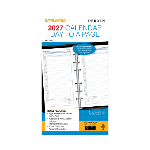 2027 Calendar Year Diary/Planner - 12 Month Personal Day to Page - Refill - Collins Day Planners