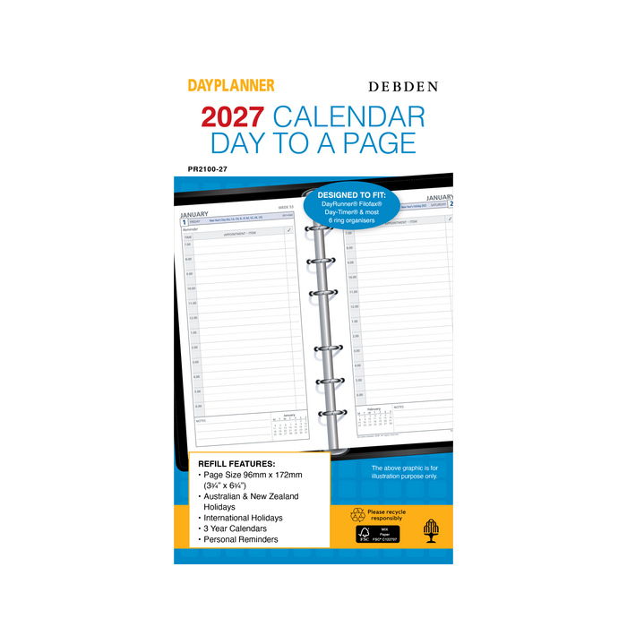 2027 Calendar Year Diary/Planner - 12 Month Personal Day to Page - Refill - Collins Day Planners