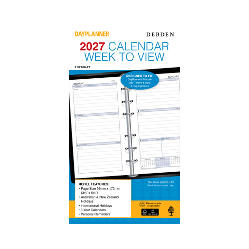 2027 Calendar Year Diary/Planner - 12 Month Personal Week to View Ruled - Refill - Collins Day