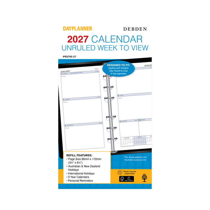 2027 Calendar Year Diary/Planner - 12 Month Personal Week to View Unruled - Refill - Collins Day