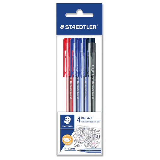 Staedtler Ball 423 Triangular Retractable Ballpoint Pens 4-Pack - Blue/Black/Red