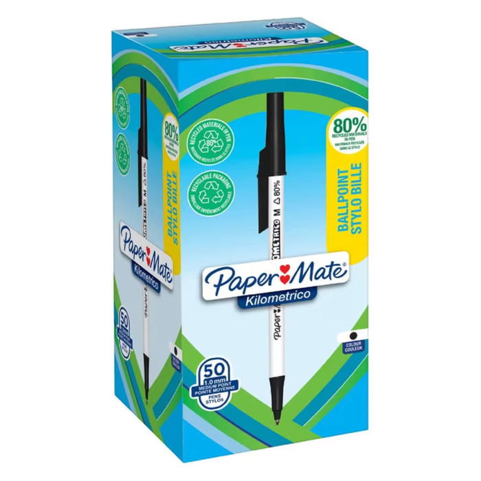 Paper Mate Kilometrico Recycled Ballpoints Black (50 Pack)