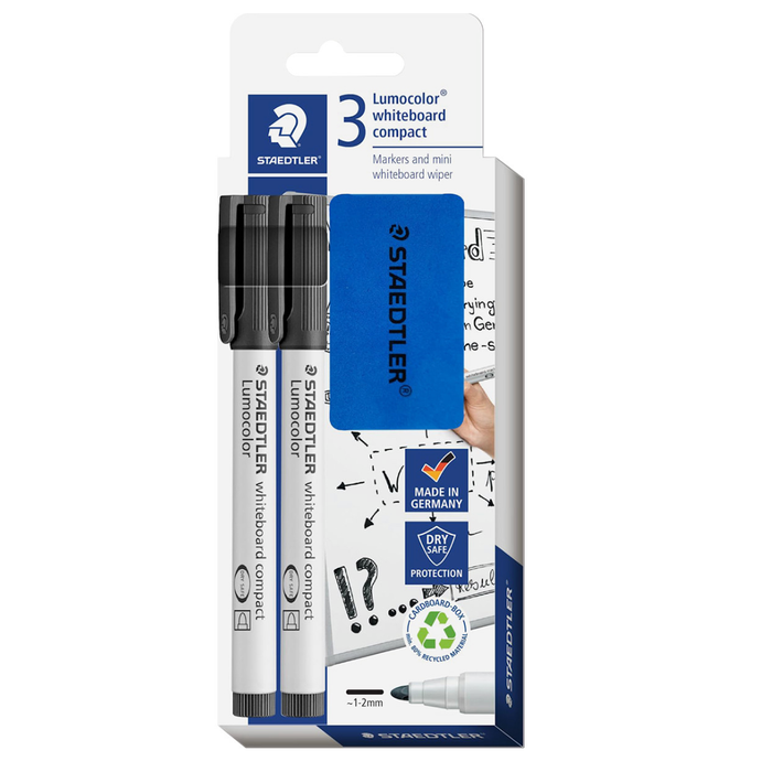 Staedtler 2 Lumocolour Whiteboard Compact Markers and Mini Wiper