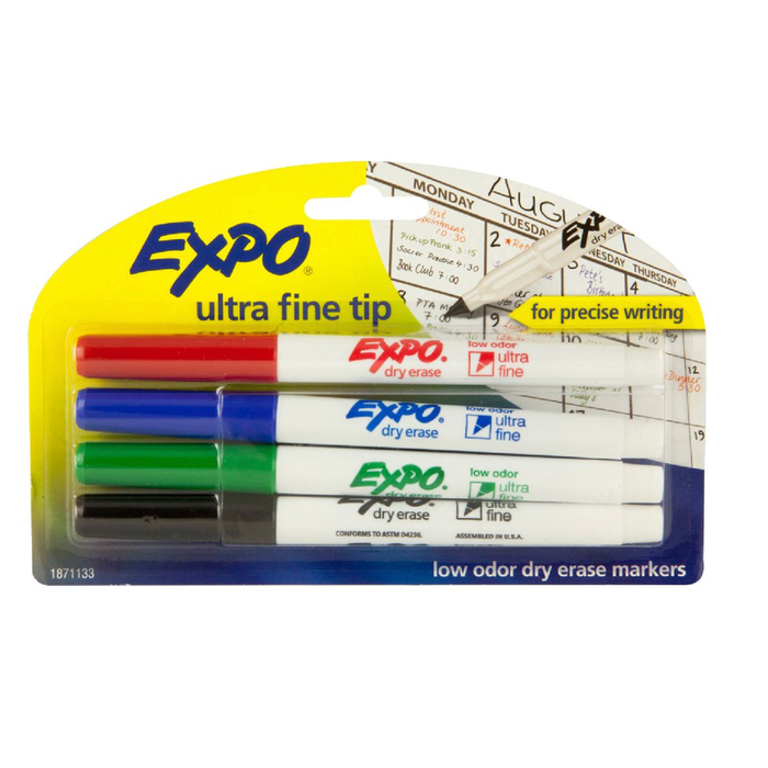 Expo Ultra Fine Whiteboard Markers 4 Pack Assorted