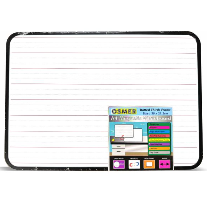Osmer A4 Magnetic Double-Sided Whiteboard – Plain & Dotted Thirds with Blue/Red Lines & Frame