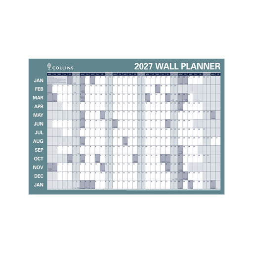 2027 Calendar Year Wall Planner - 12 Month (h700 x w912mm) - Laminated Roll Up - Collins Wall