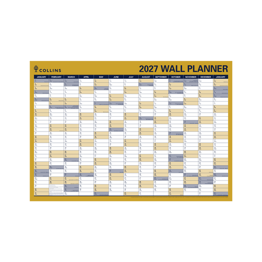 2027 Calendar Year Wall Planner - 12 Month (h700 x w912mm) - Laminated Roll Up - Collins Wall