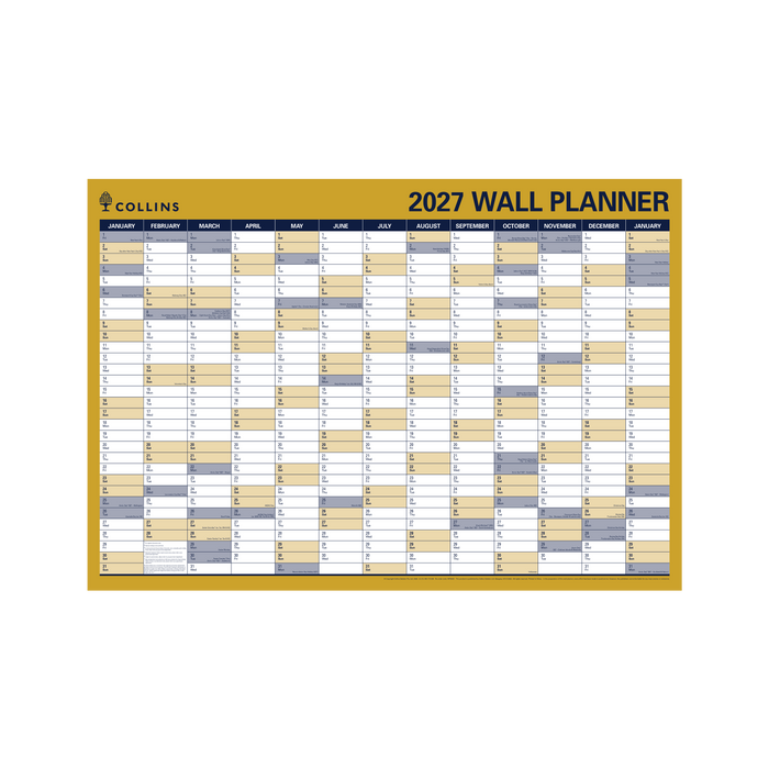 2027 Calendar Year Wall Planner - 12 Month (h700 x w912mm) - Laminated Roll Up - Collins Wall