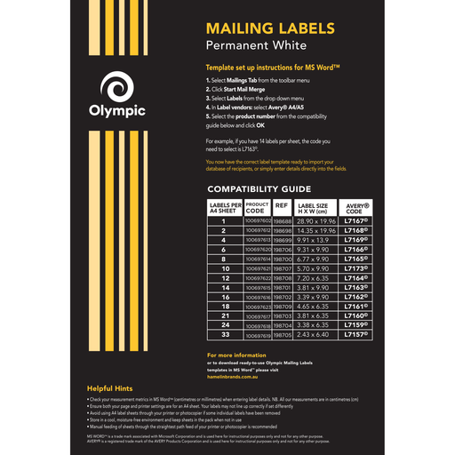 Olympic Labels Mailing 1UP 199.6×289.1mm Box 100