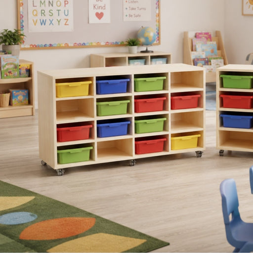 Creative Kids 16 Bay Tote Tray Mobile Storage Trolley 1440 x 450 x 860mm White Oak EMTT16