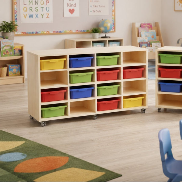 Creative Kids 16 Bay Tote Tray Mobile Storage Trolley 1440 x 450 x 860mm White Oak EMTT16