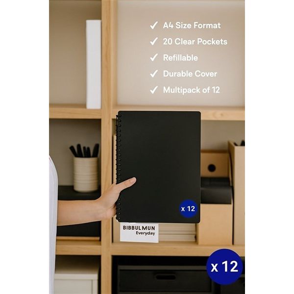 Bibbulmun A4 Display Book – 20 Pocket – Black – Refillable – Pack of 10