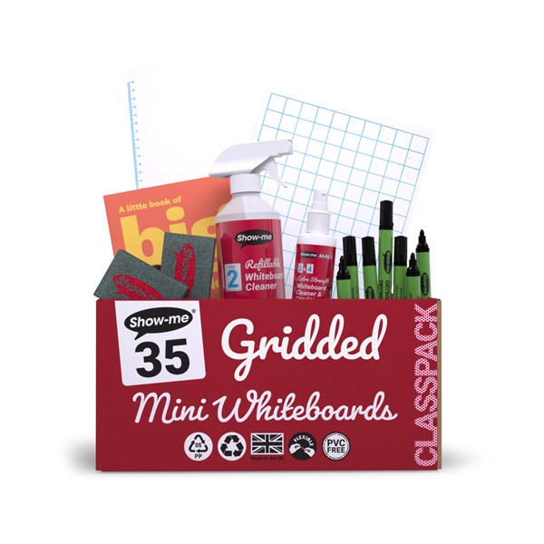 Show-Me Classpack of 35 A4 Gridded/ Plain Whiteboards with Pens, Erasers & 2 FREE Cleaners