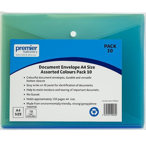Premier Stationery Document Envelope – A4 Size (Pack of 10 Assorted Colours) Environmentally Friendly - Recyclable