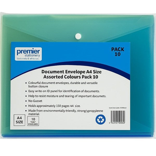 Premier Stationery Document Envelope – A4 Size (Pack of 10 Assorted Colours) Environmentally Friendly - Recyclable